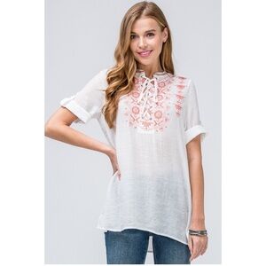 Embroidered Lace-up Tunic Top